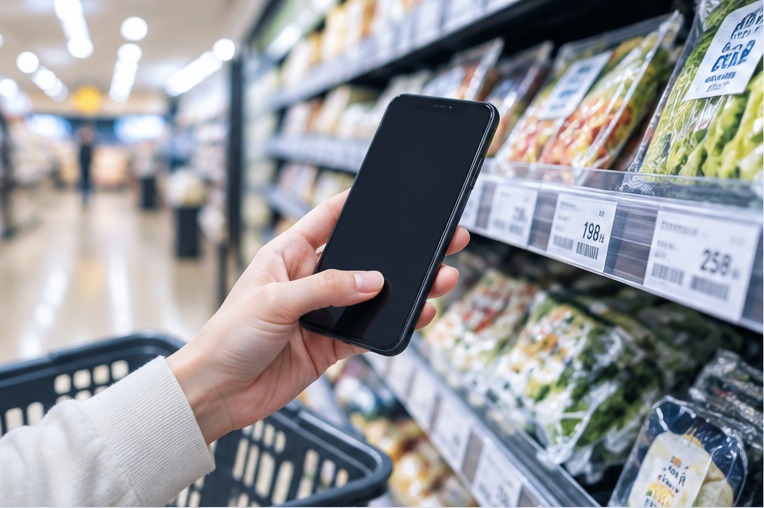 スーパーで小さな値札をスマートフォンで確認するイメージ