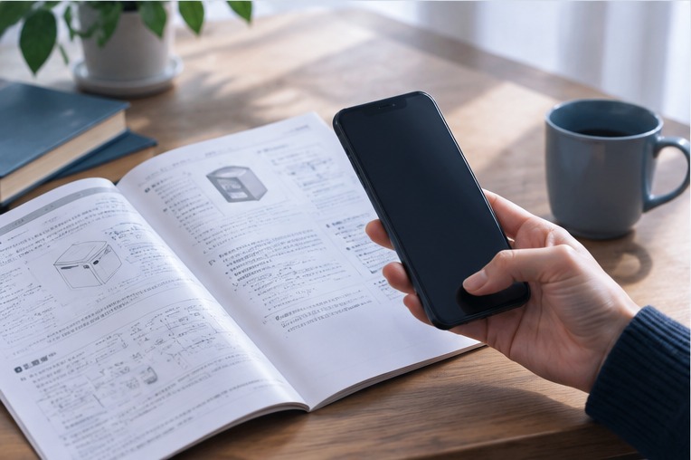 説明書の小さい文字をスマートフォンで確認するイメージ