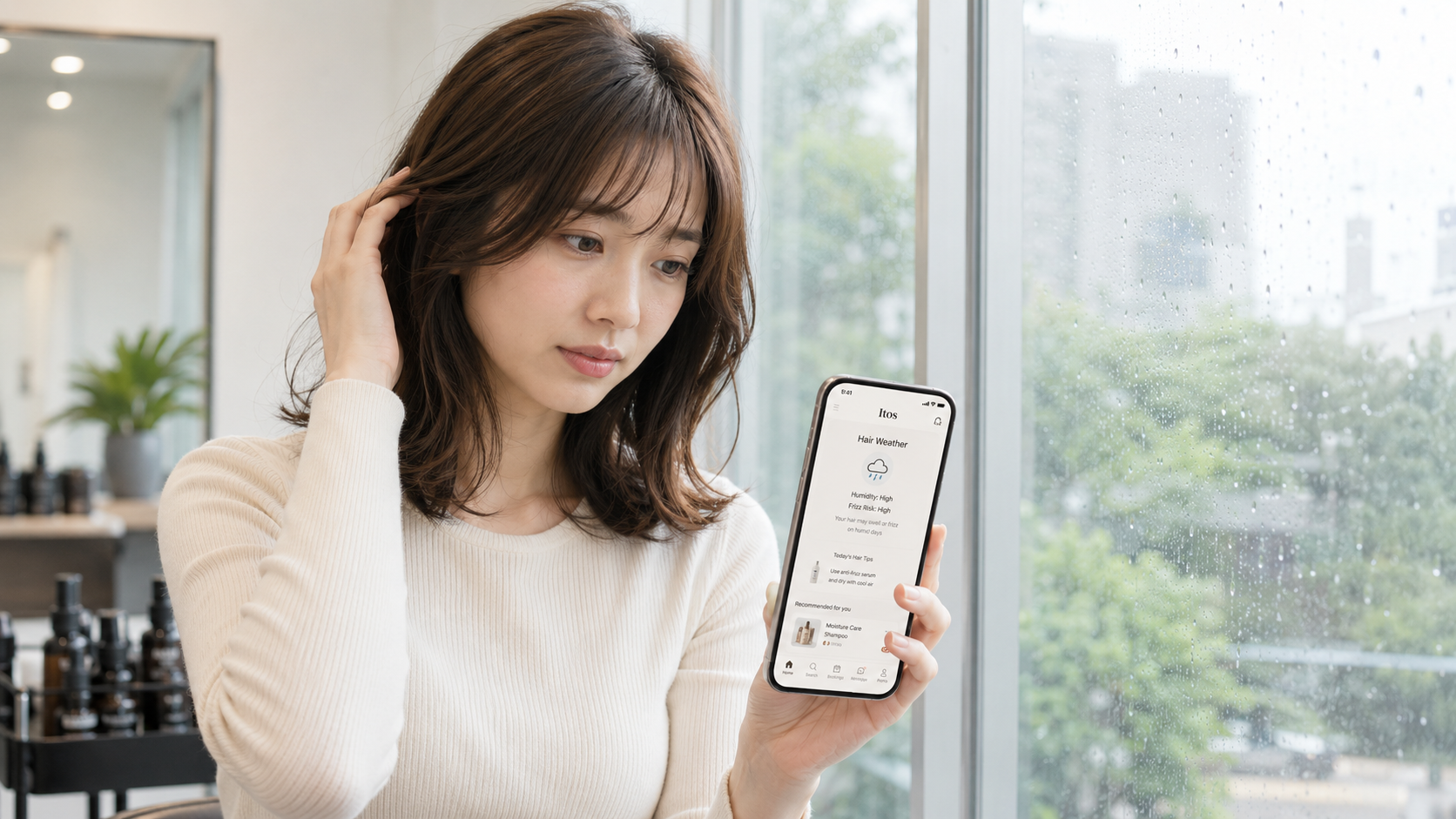 雨の日にItosのHair Weatherを確認する女性