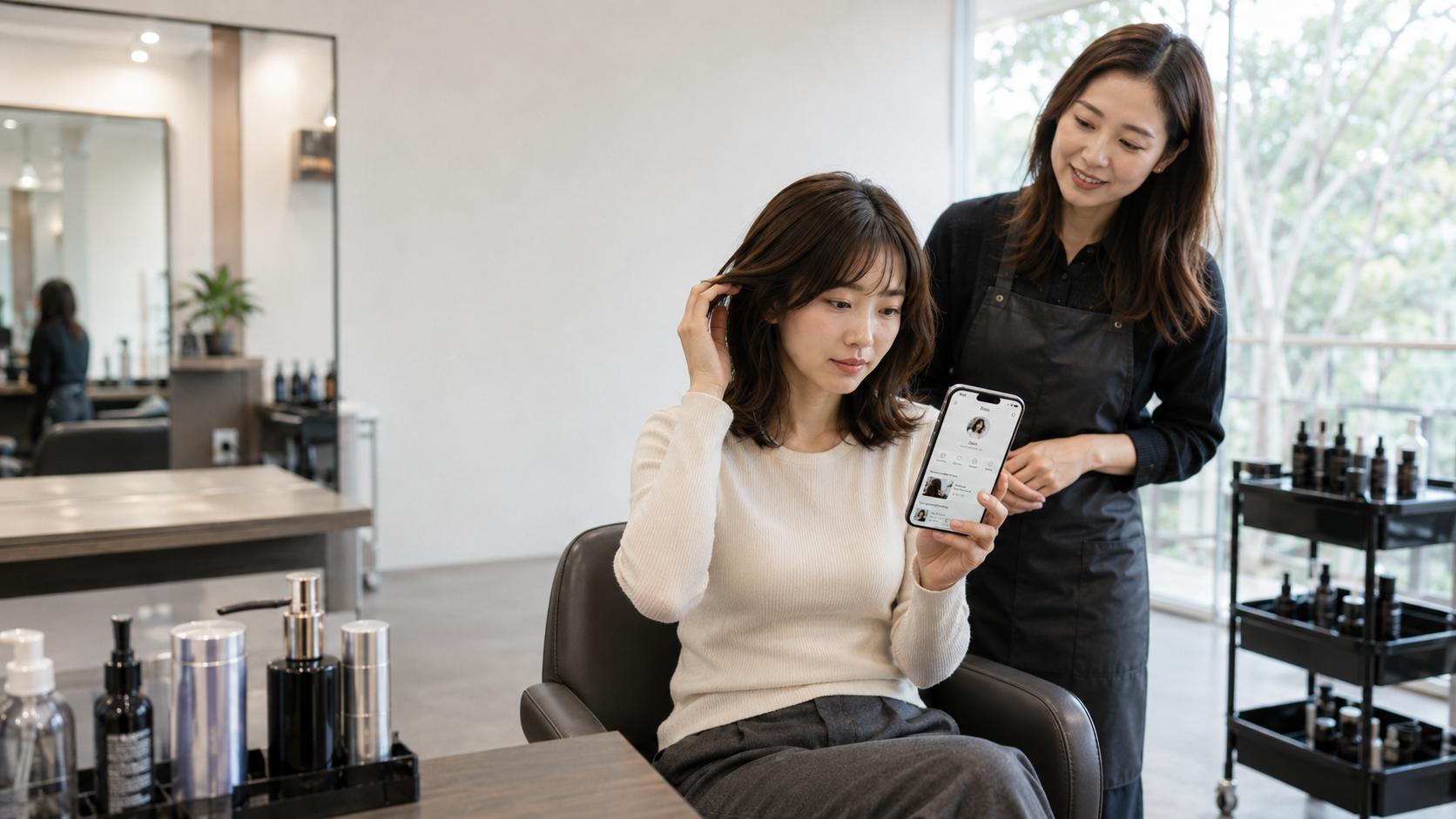 髪カルテアプリItosを美容室で利用する女性と美容師